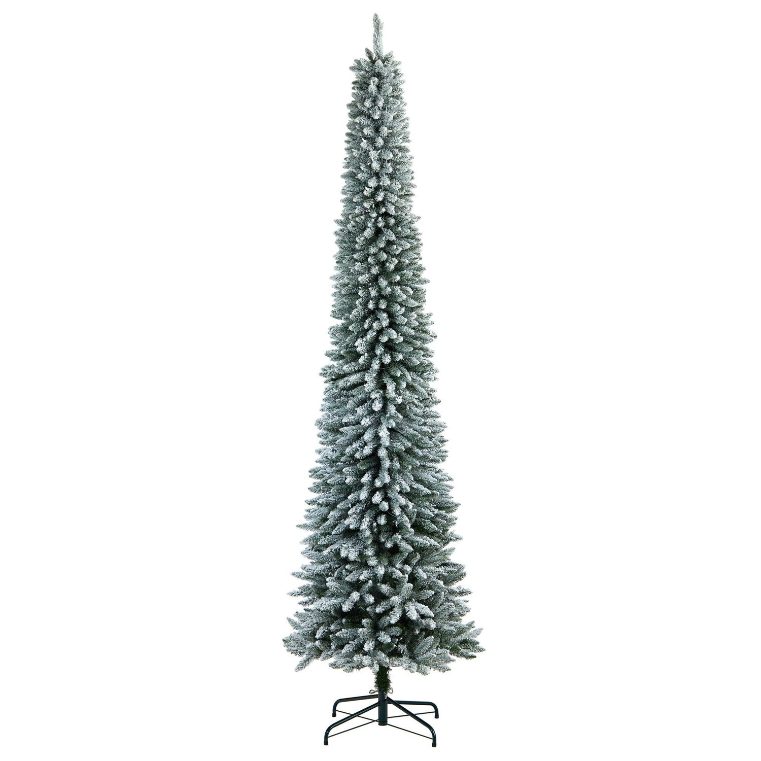 10’ Flocked Pencil Artificial Christmas Tree with 700 Clear Lights and 1145 Bendable Branches