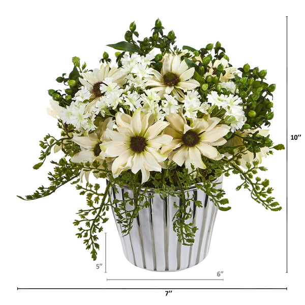 10” Mixed Daisy Arrangement in White Vase Silver Trimming