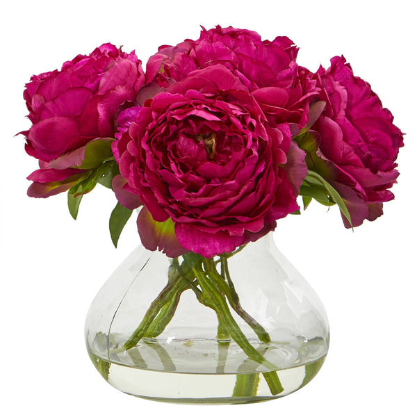 10” Peony Artificial Arrangement in Clear Glass Vase