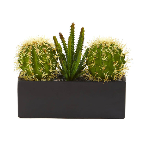 11” Cactus Succulent Artificial Plant in Black Planter | Nearly Natural