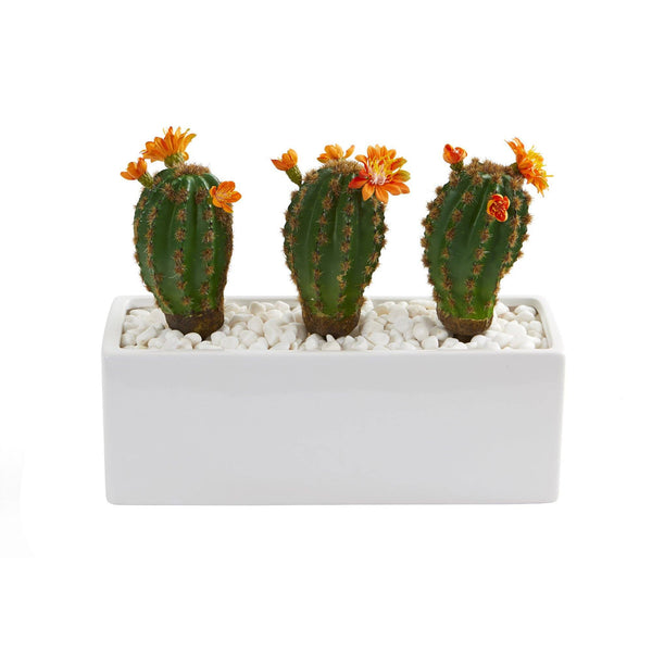 11” Cactus Succulent Artificial Plant in Glazed White Planter