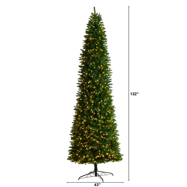 11’ Slim Green Mountain Pine Christmas Tree with 950 Clear LED Lights and 2836 Bendable Branches