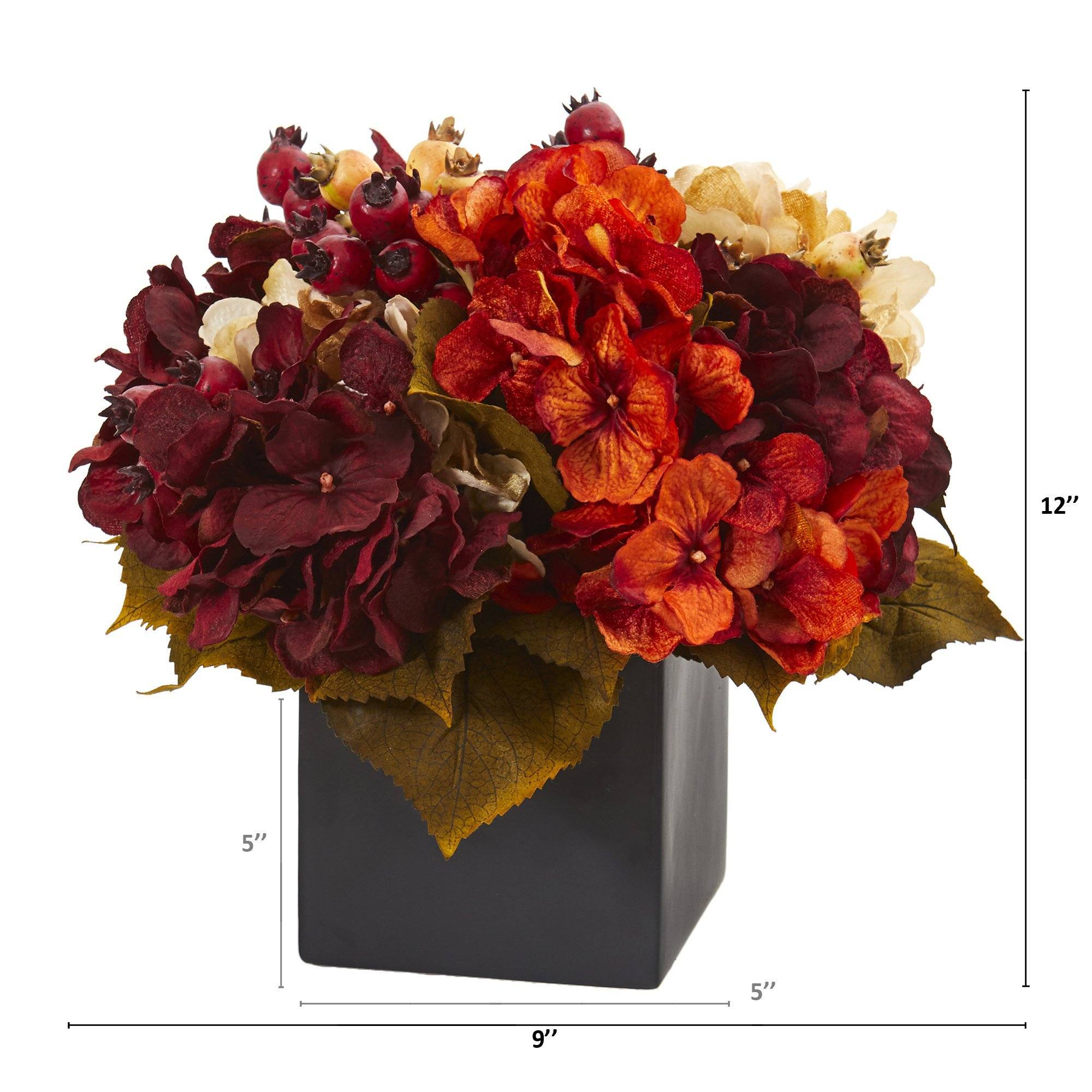 12” Autumn Hydrangea Berry Artificial Arrangement in Black Vase ...