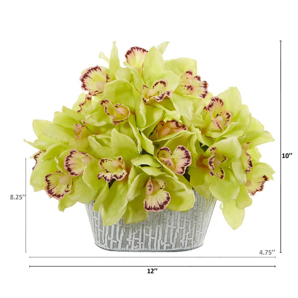 12” Cymbidium Orchid Arrangement in Tin White Vase