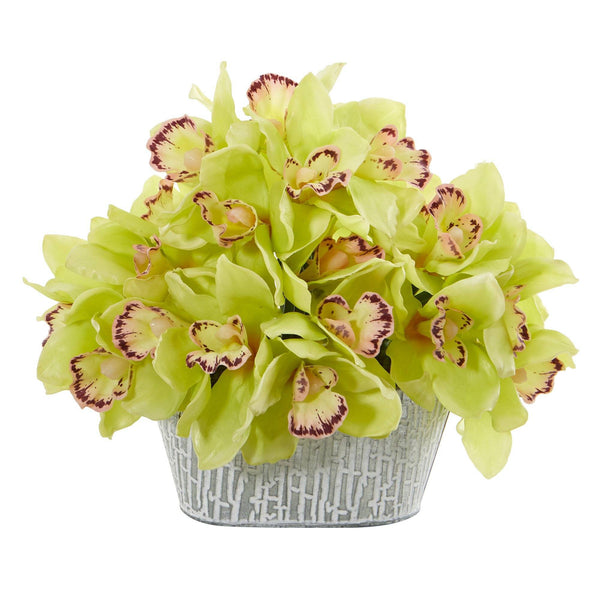 12” Cymbidium Orchid Arrangement in Tin White Vase