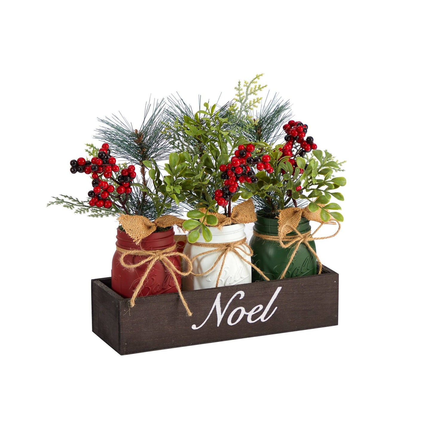 12” Holiday Winter Pine and Berries Three Piece Mason Jar “Noel” Table ...