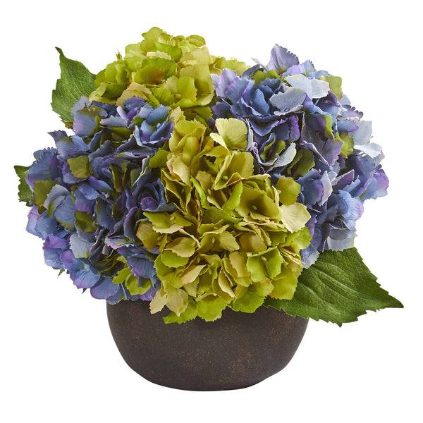 12” Hydrangea Artificial Arrangement in Stone Brown Vase