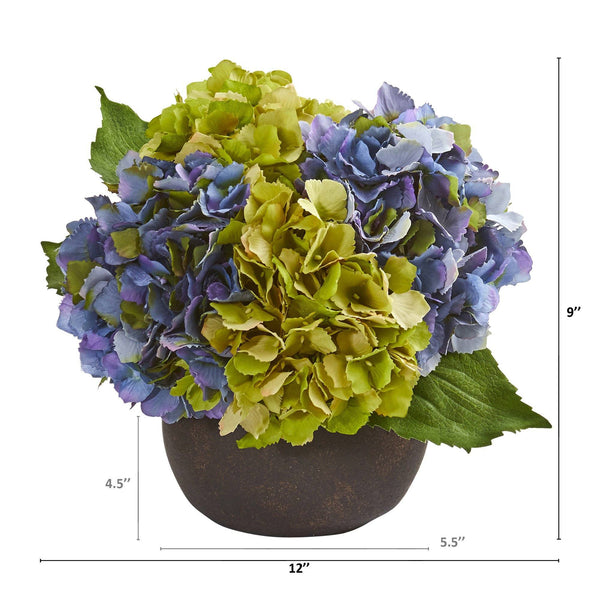 12” Hydrangea Artificial Arrangement in Stone Brown Vase