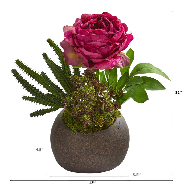 12” Peony and Succulent Artificial Arrangement in Stone Vase