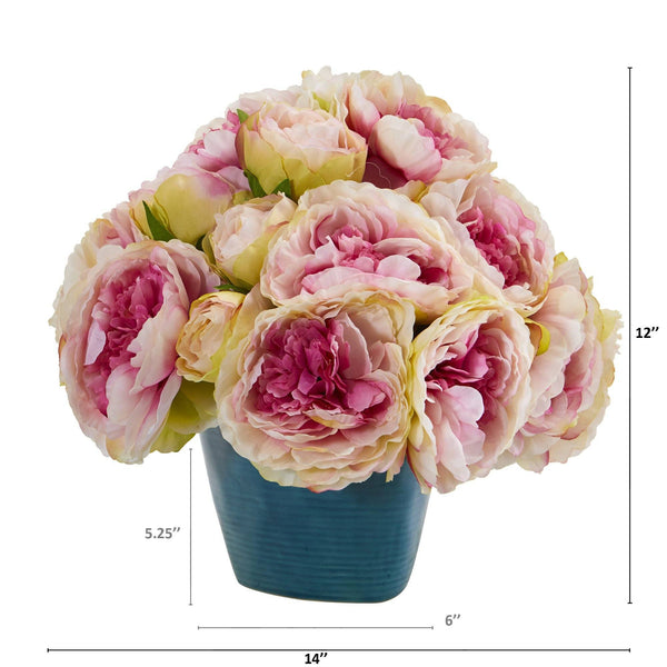 12” Peony Artificial Arrangement in Blue Vase