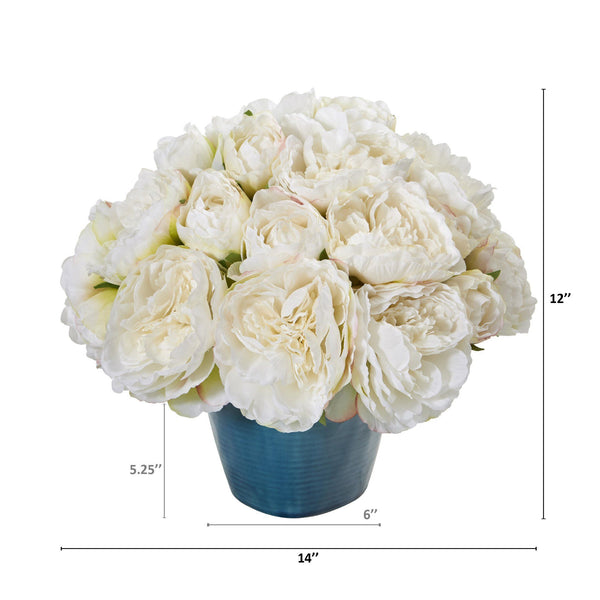 12” Peony Artificial Arrangement in Blue Vase