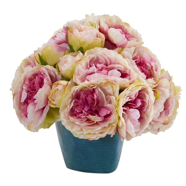 12” Peony Artificial Arrangement in Blue Vase