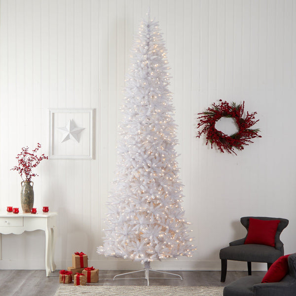 12’ Slim White Artificial Christmas Tree with 1100 Warm White LED Lights and 3235 Bendable Branches