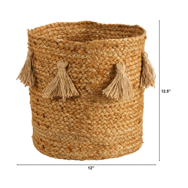 12.5” Boho Chic Natural Hand-Woven Jute Basket with Tassels