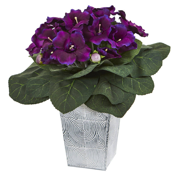 13” Gloxinia Artificial Plant in Embossed White Planter