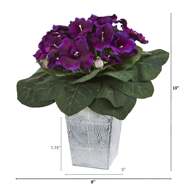 13” Gloxinia Artificial Plant in Embossed White Planter