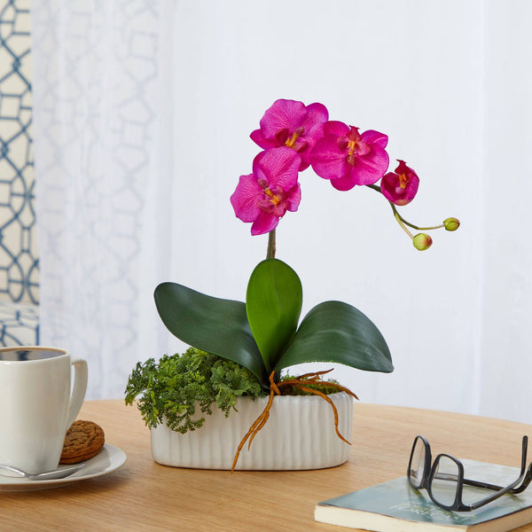 13” Mini Orchid Phalaenopsis Artificial Arrangement in White Vase ...