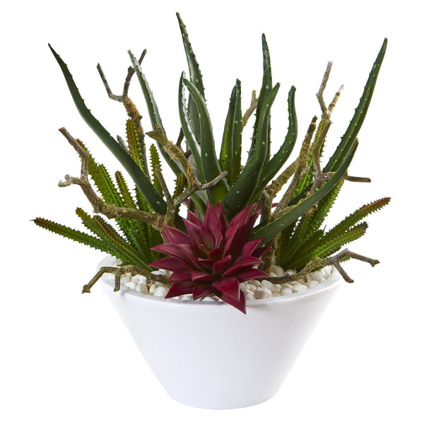 13” Mixed Succulent Artificial Plant in White Bowl