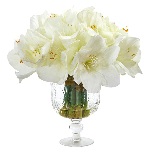 14” Amaryllis Bouquet Artificial Arrangement in Royal Vase
