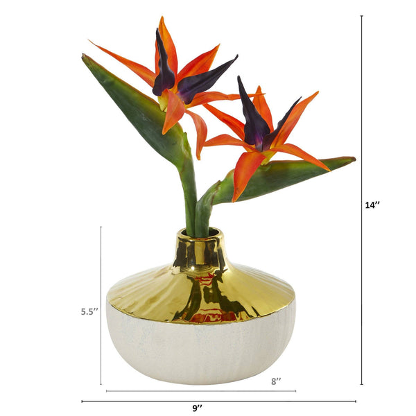 14” Bird of Paradise Artificial Arrangement in Gold and Cream Elegant Vase