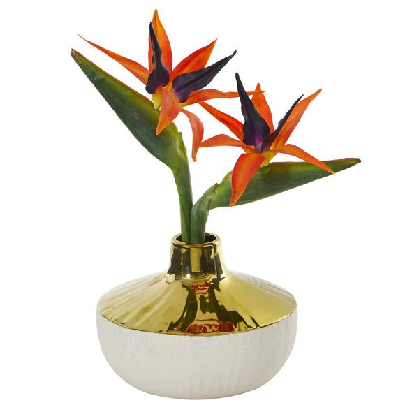 14” Bird of Paradise Artificial Arrangement in Gold and Cream Elegant Vase