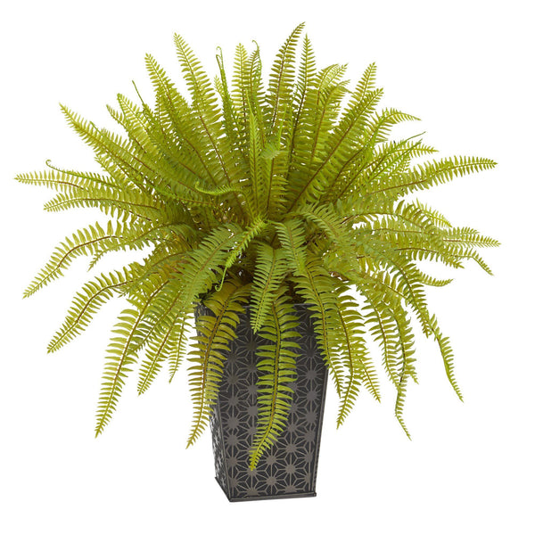 14” Fern Artificial Plant in Embossed Tin Planter