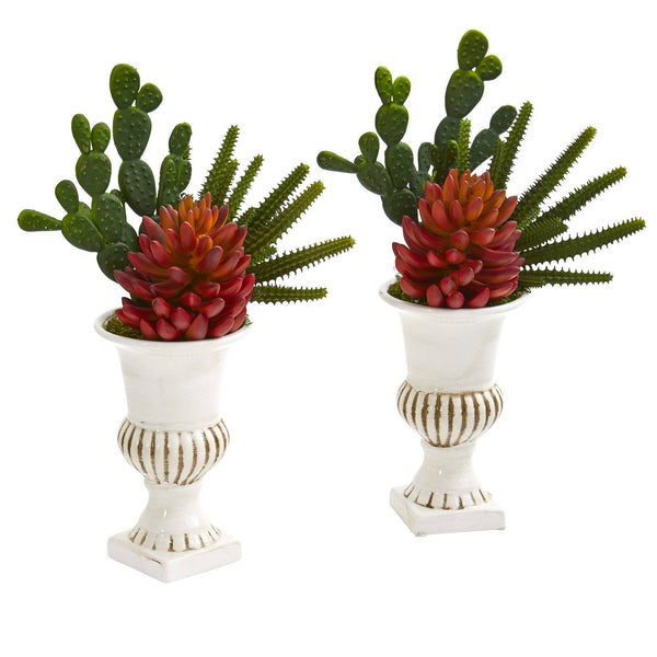 14” Mixed Succulent Artificial Plant in White Urn (Set of 2)