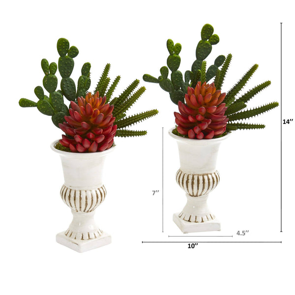 14” Mixed Succulent Artificial Plant in White Urn (Set of 2)