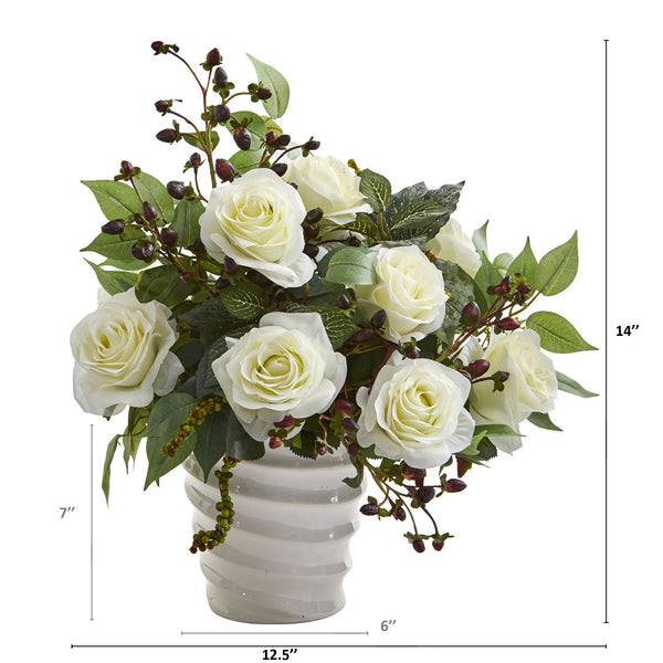 14” Rose and Mix Greens Artificial Arrangement in White Vase