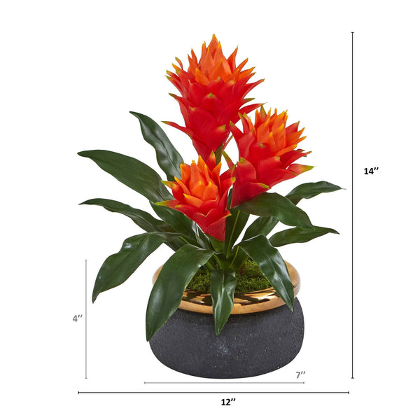 14” Triple Bromeliad Artificial Plant in Stoneware Planter