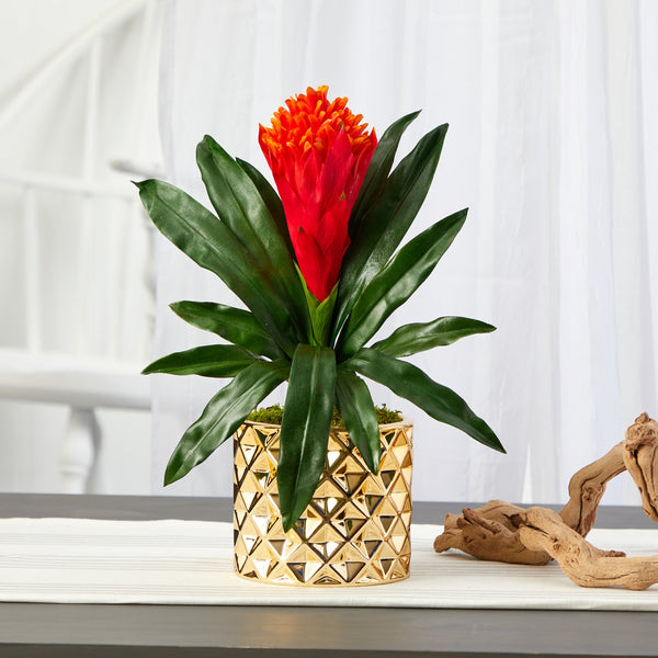 15” Bromeliad Artificial Plant in Gold Planter