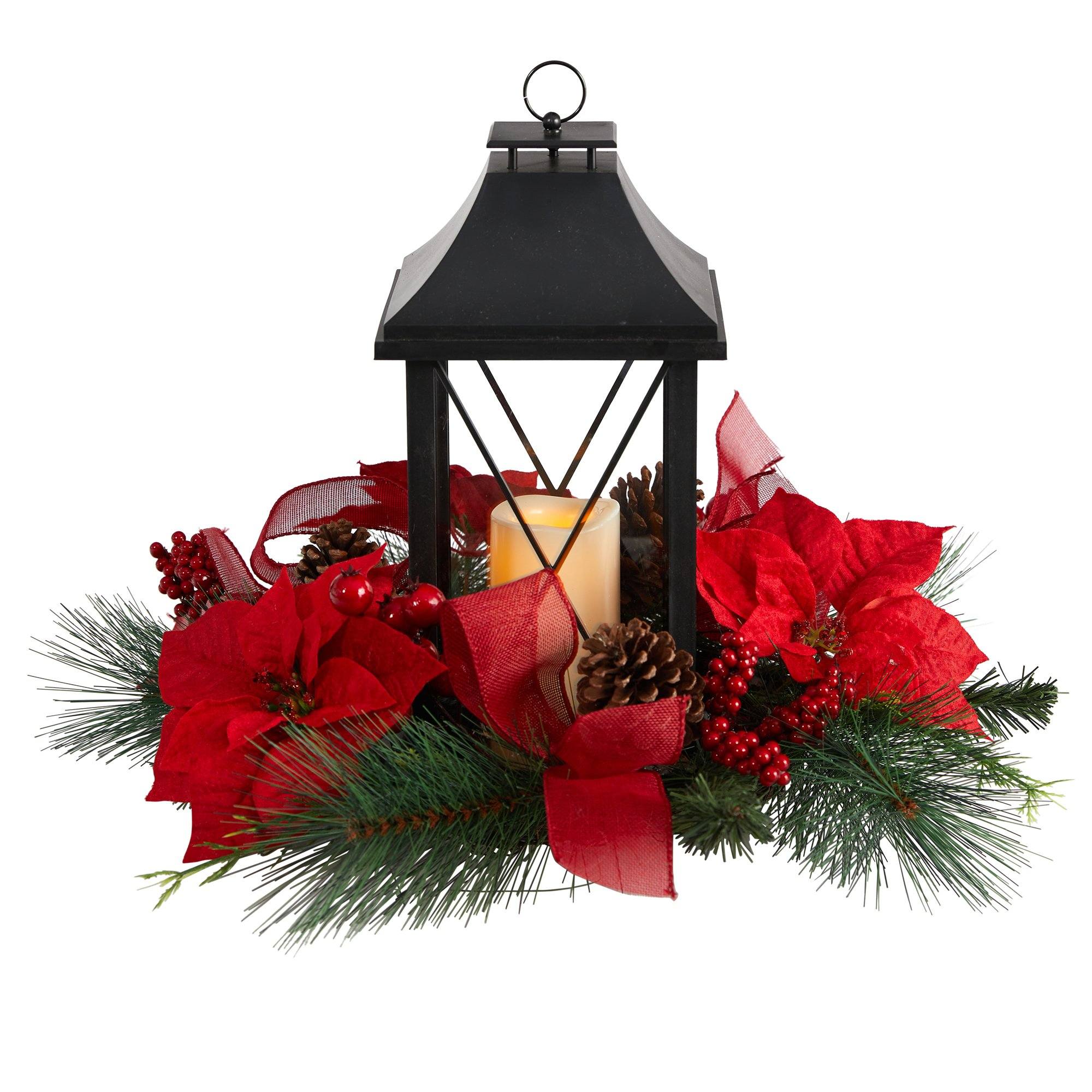 15” Holiday Poinsettia, Pinecone and Greenery with Lantern and LED