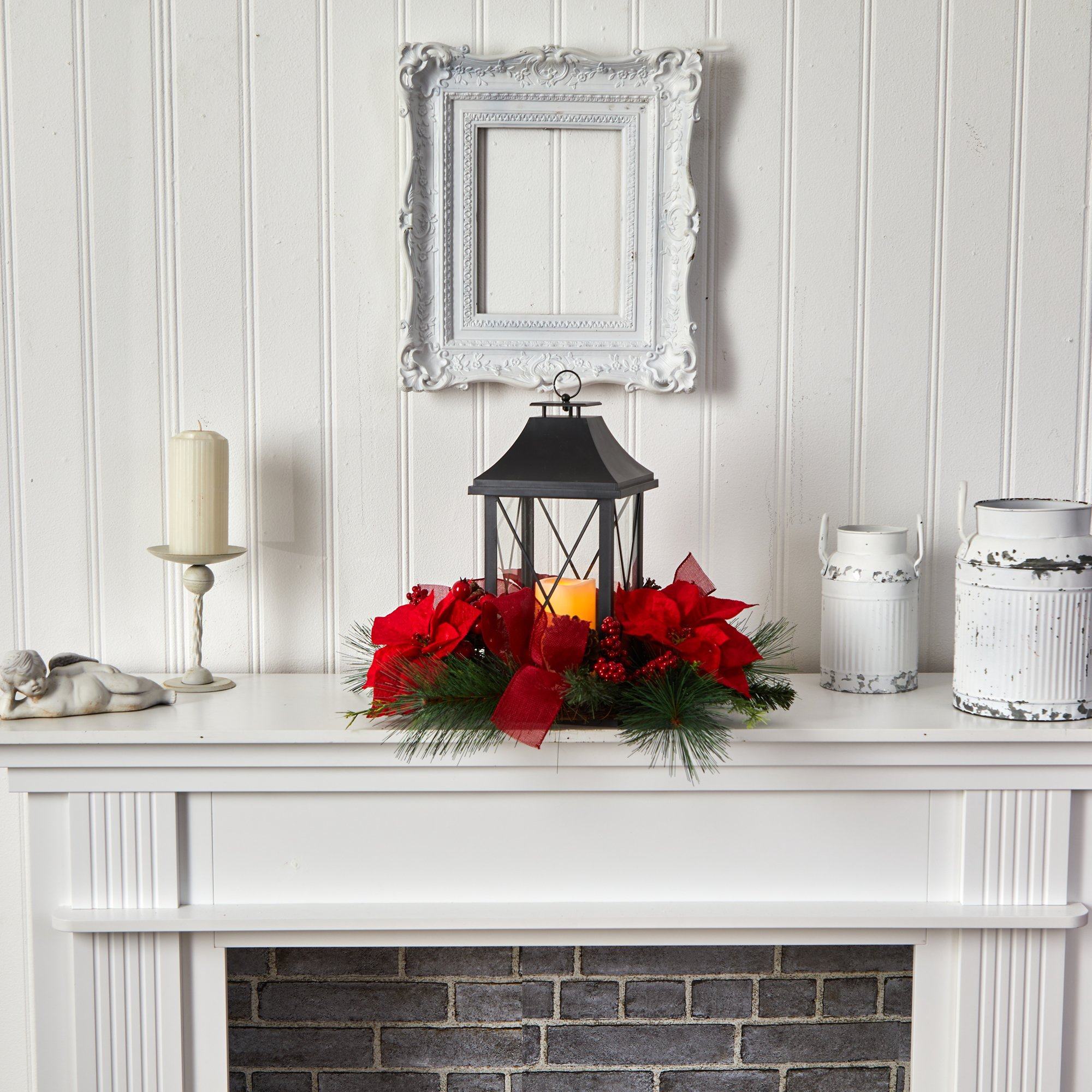 15” Holiday Poinsettia, Pinecone and Greenery with Lantern and LED