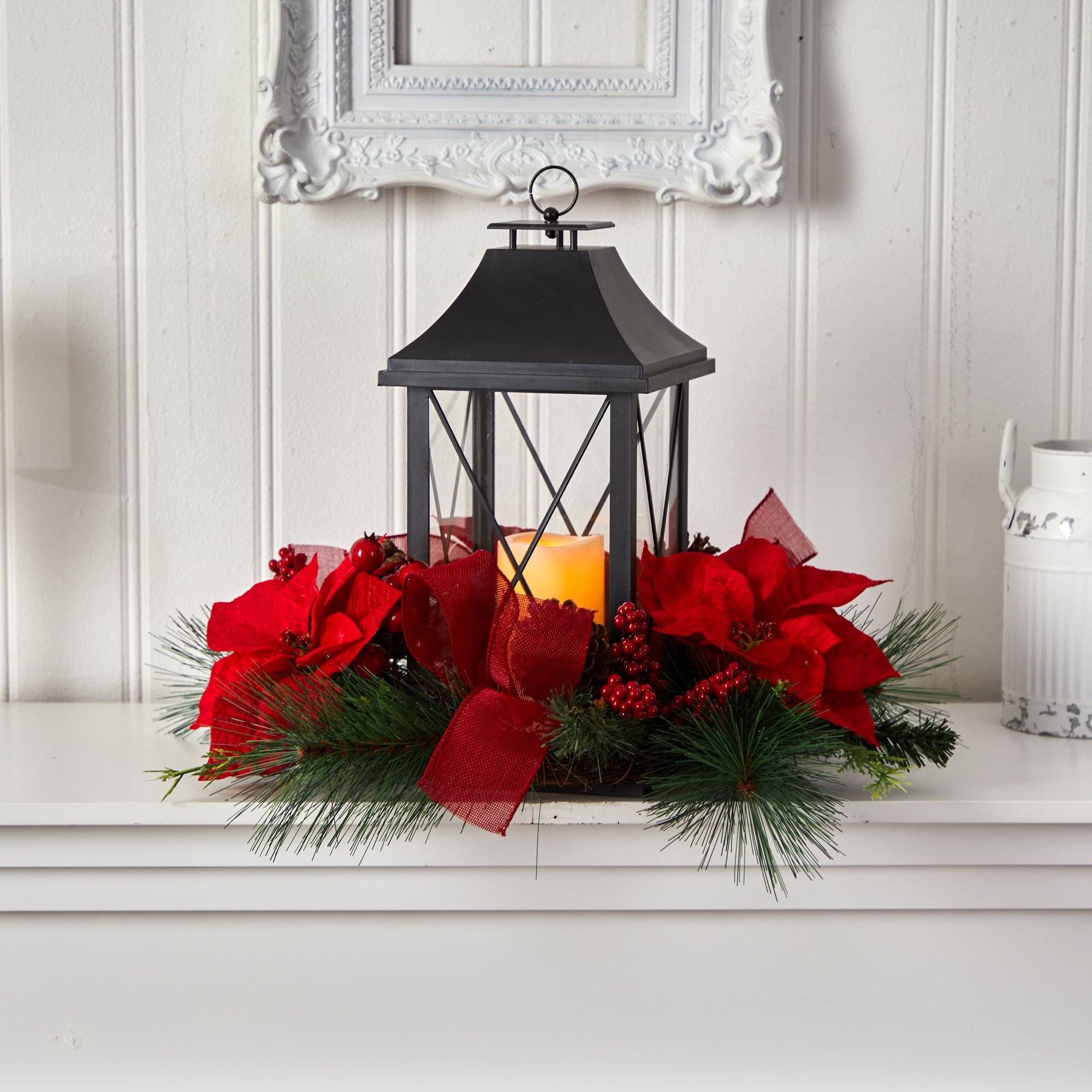 15” Holiday Poinsettia, Pinecone and Greenery with Lantern and LED