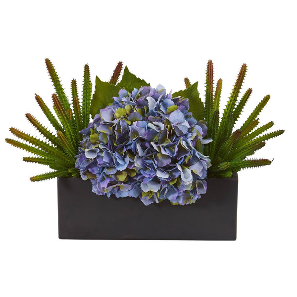 16” Hydrangea and Succulent Artificial Arrangement in Matte Black Vase