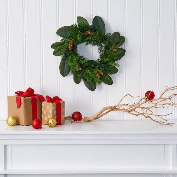 16” Magnolia Leaf and Mixed Pine Artificial Wreath with Pine Cones