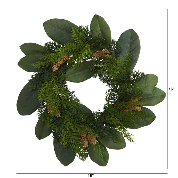 16” Magnolia Leaf and Mixed Pine Artificial Wreath with Pine Cones