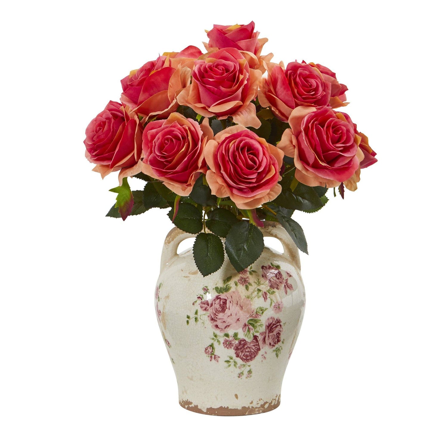 Rose Artificial Arrangement in Flower Print Jar | Nearly Natural