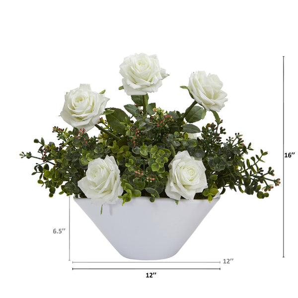 16” Roses and Eucalyptus Arrangement in White Vase