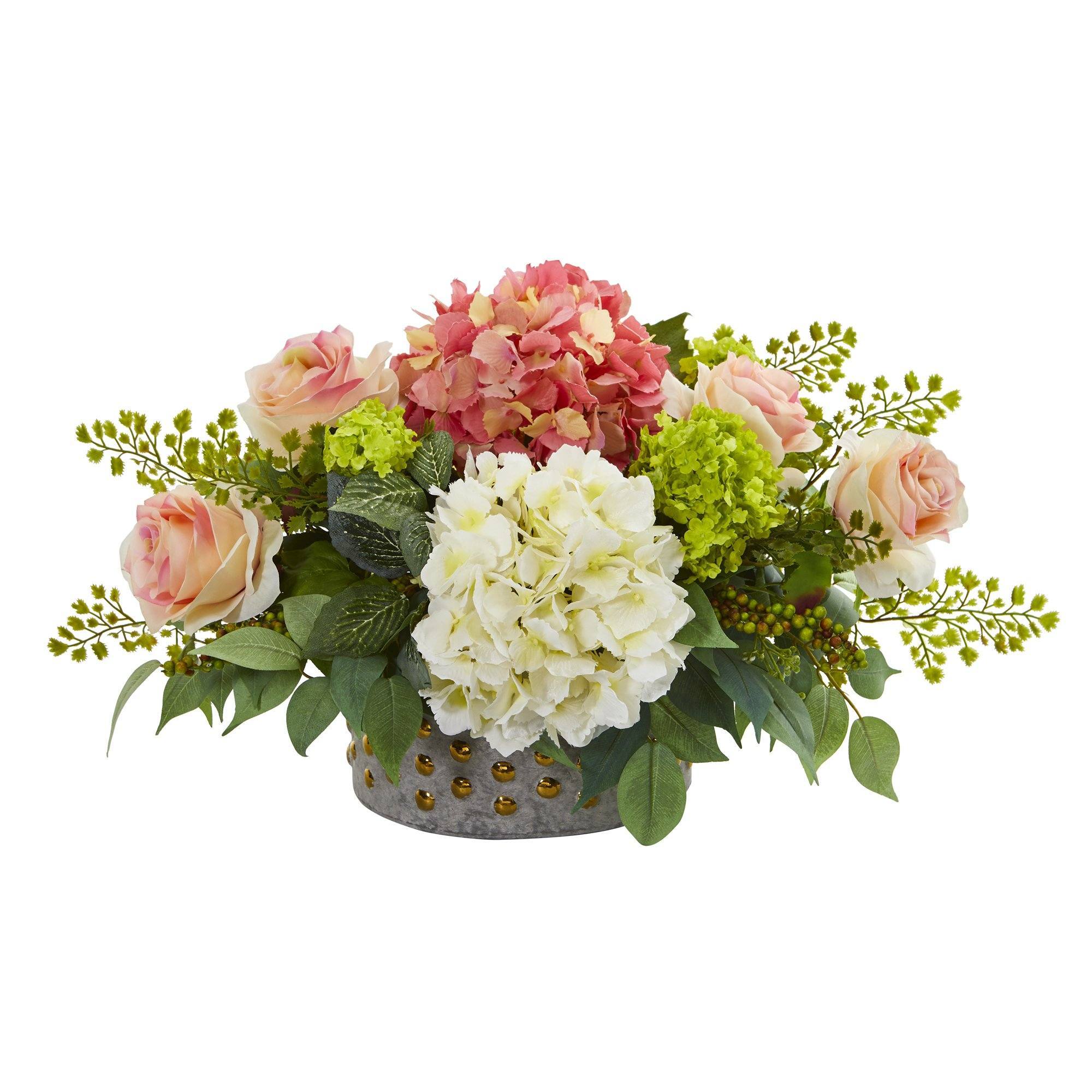 16.5” Rose, Hydrangea and Maiden Hair Artificial Arrangement in Bowl ...