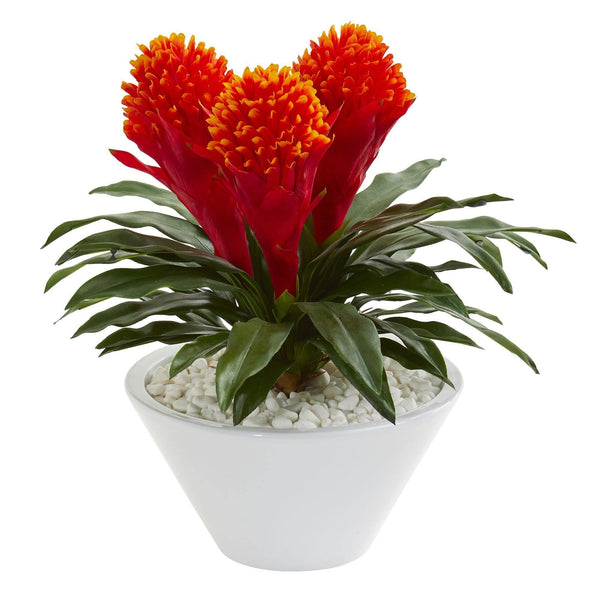 17” Bromeliad Artificial Plant in White Vase