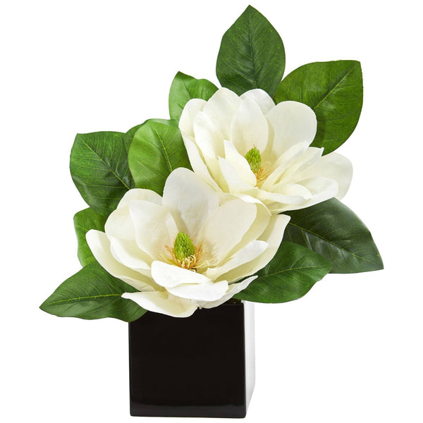 Top Magnolia Artificial Arrangement in Black Vase.-DSF6A