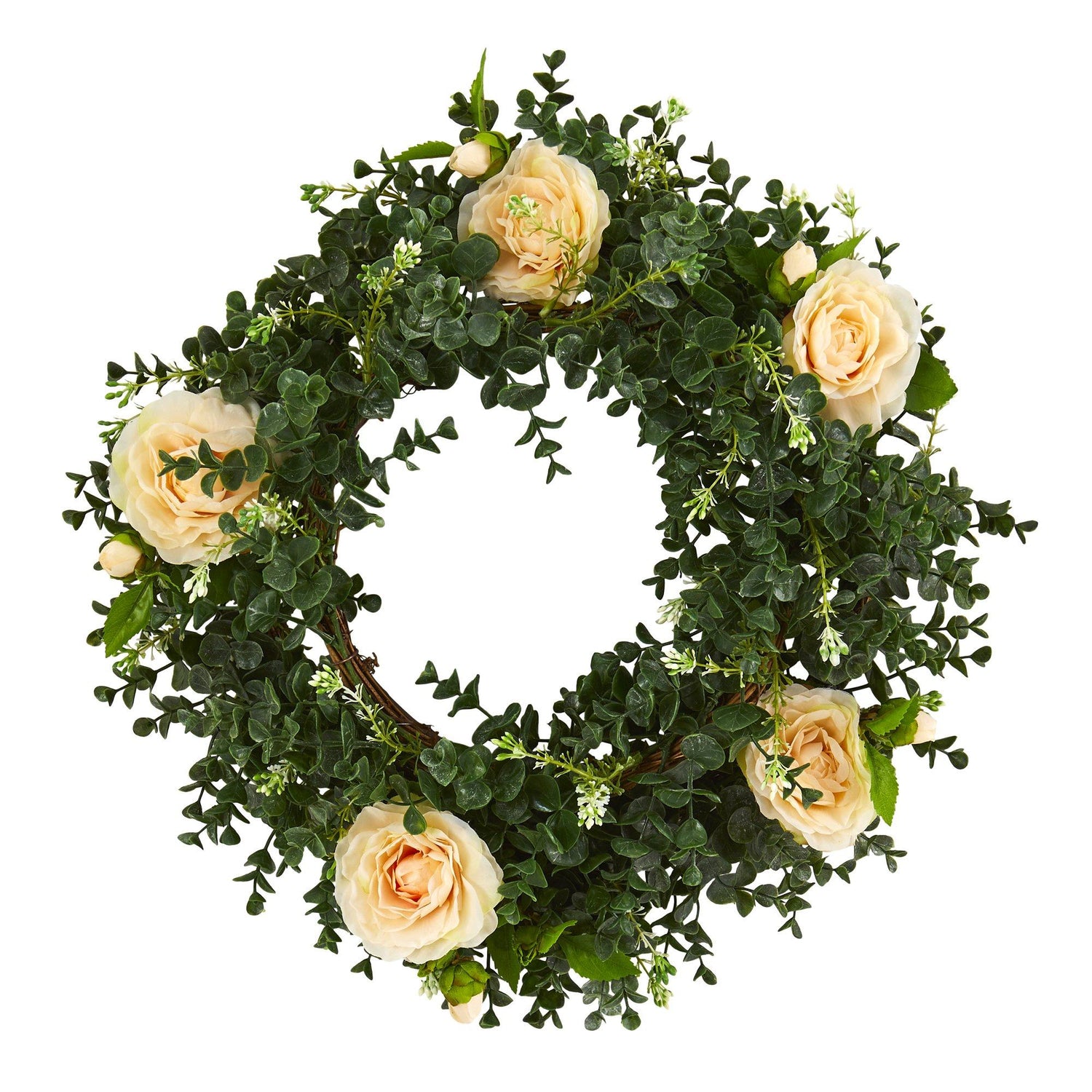 18” Eucalyptus and Camellia Double Ring Artificial Wreath with Twig Base