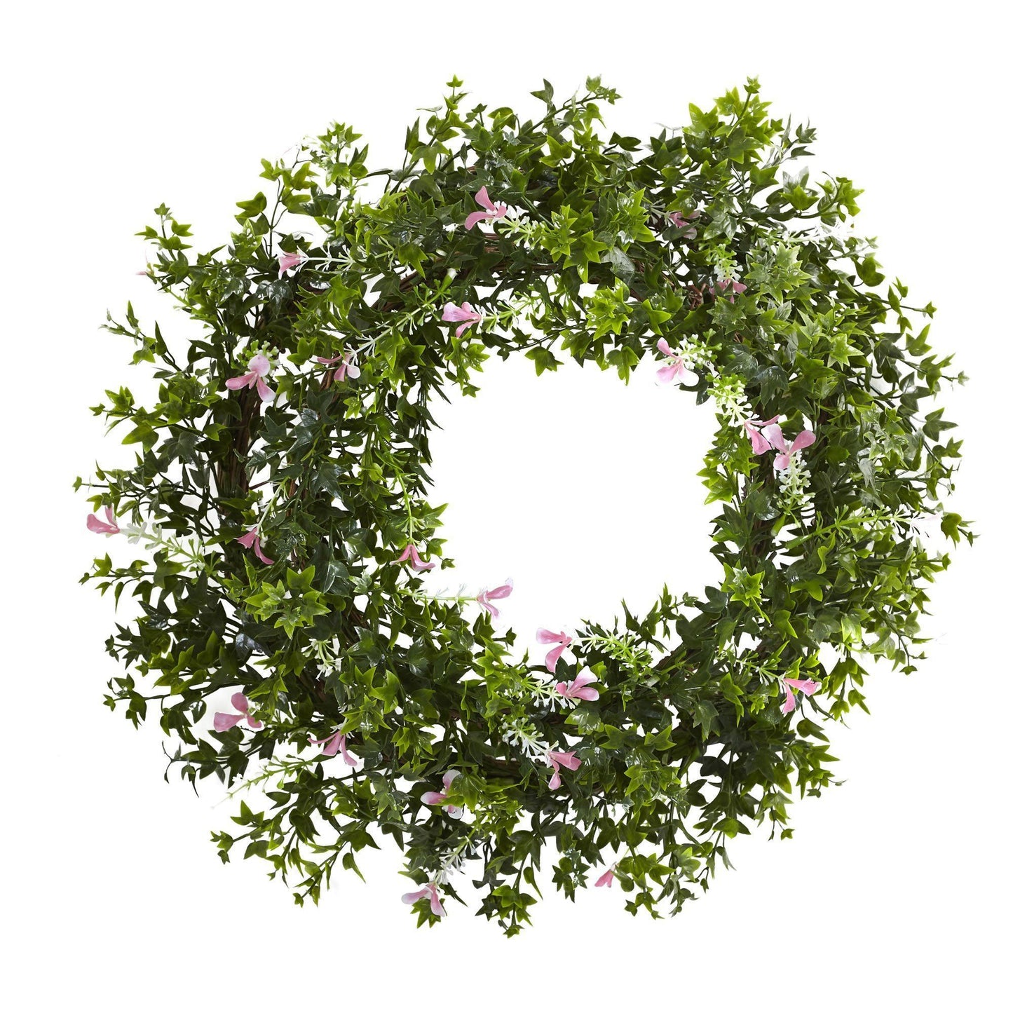 18” Mini Ivy & Floral Double Ring Wreath w/Twig Base | Nearly Natural