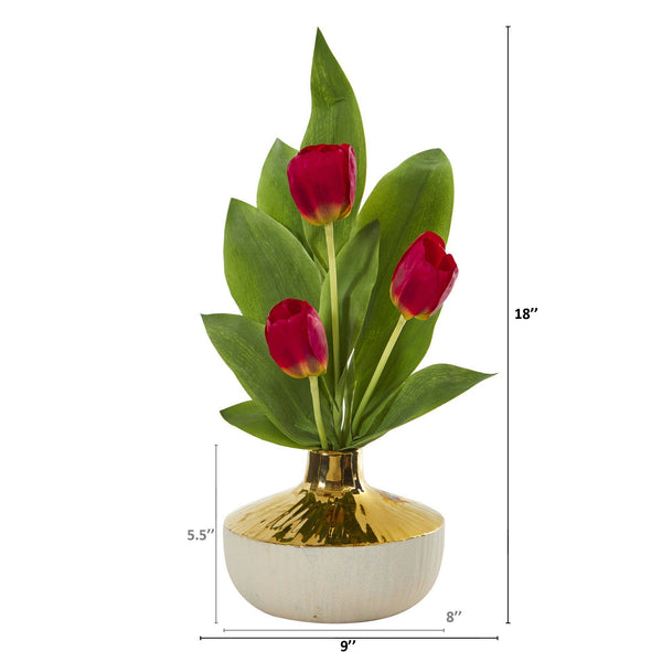 18” Tulip Arrangement in Gold and Cream Elegant Vase