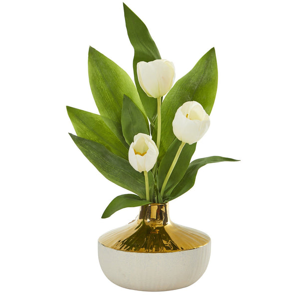 18” Tulip Arrangement in Gold and Cream Elegant Vase