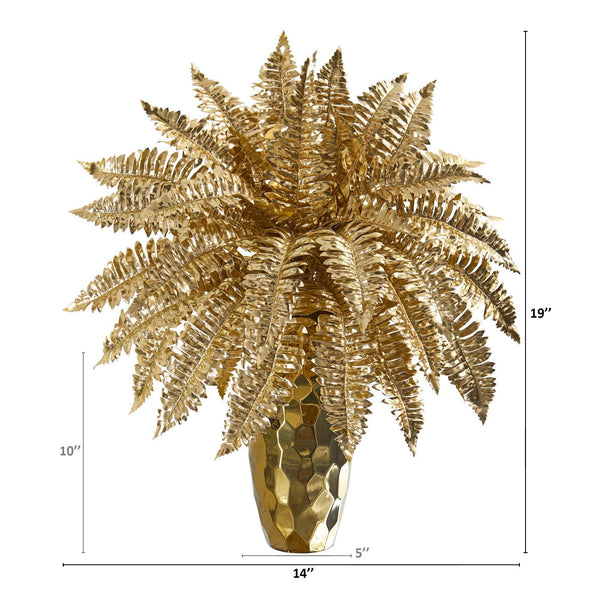 19” Golden Boston Fern Artificial Plant in Gold Planter