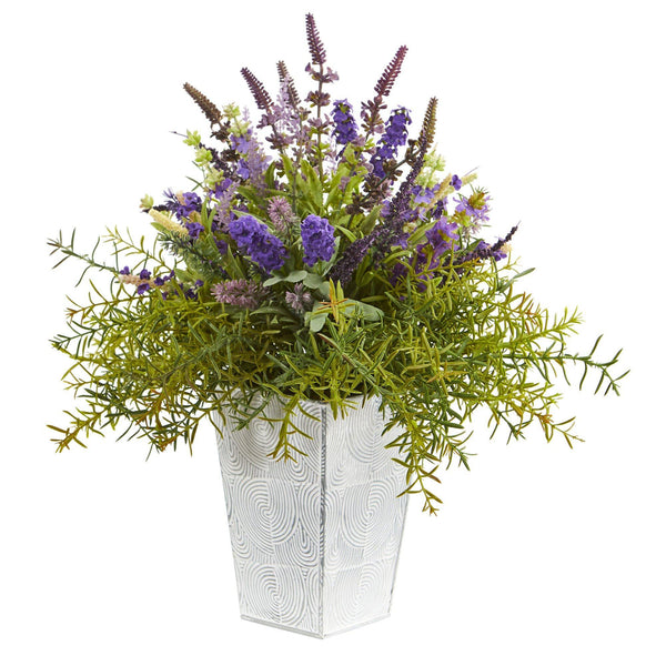 19” Lavender and Rosemary Artificial Arrangement in Embossed White Planter
