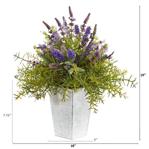 19” Lavender and Rosemary Artificial Arrangement in Embossed White Planter