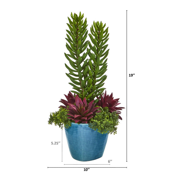 19” Mix Succulent Artificial Plant in Blue Planter